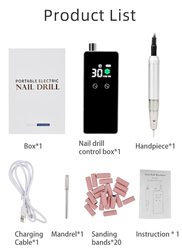 Affordable Portable Electric Nail File, 30000 RPM 8 Hours Use Rechargeable Nail Drill