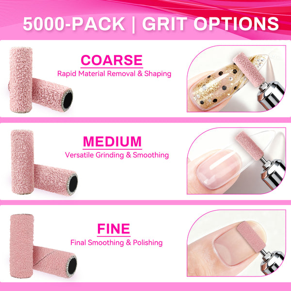 Footnice 5000 PCS Sanding Bands Bulk - Coarse/Medium/Fine 3 Grits 3mm Nail Drill Bits | Salon Manicure Tools | USA Stock