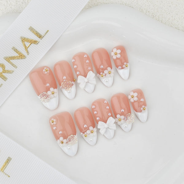 FOOTNICE Handmade Salon-Grade Press-On Nails Set, 3D Floral French Tip Almond Shape, Reusable Complete Manicure Kit with Storage Box & Nail Tools