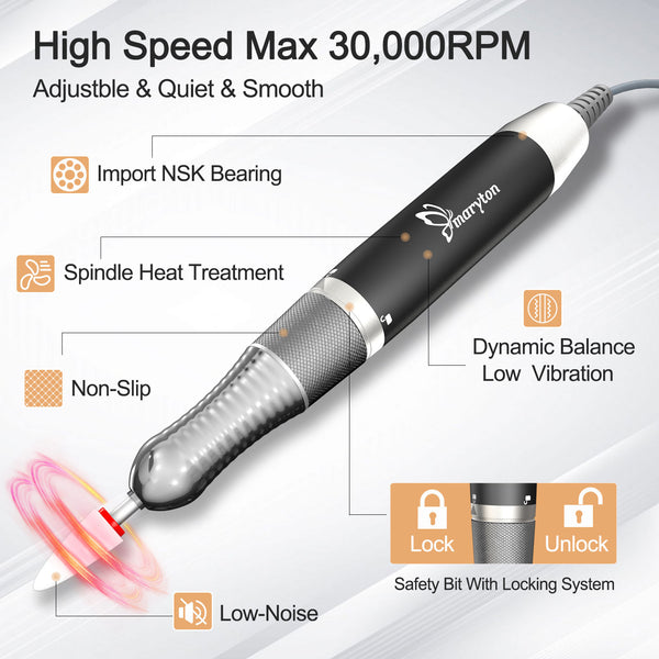 Professional Portable Electric Nail Drill 1,000~30,000 RPM, Low Noise, Low Heat and Low Vibration